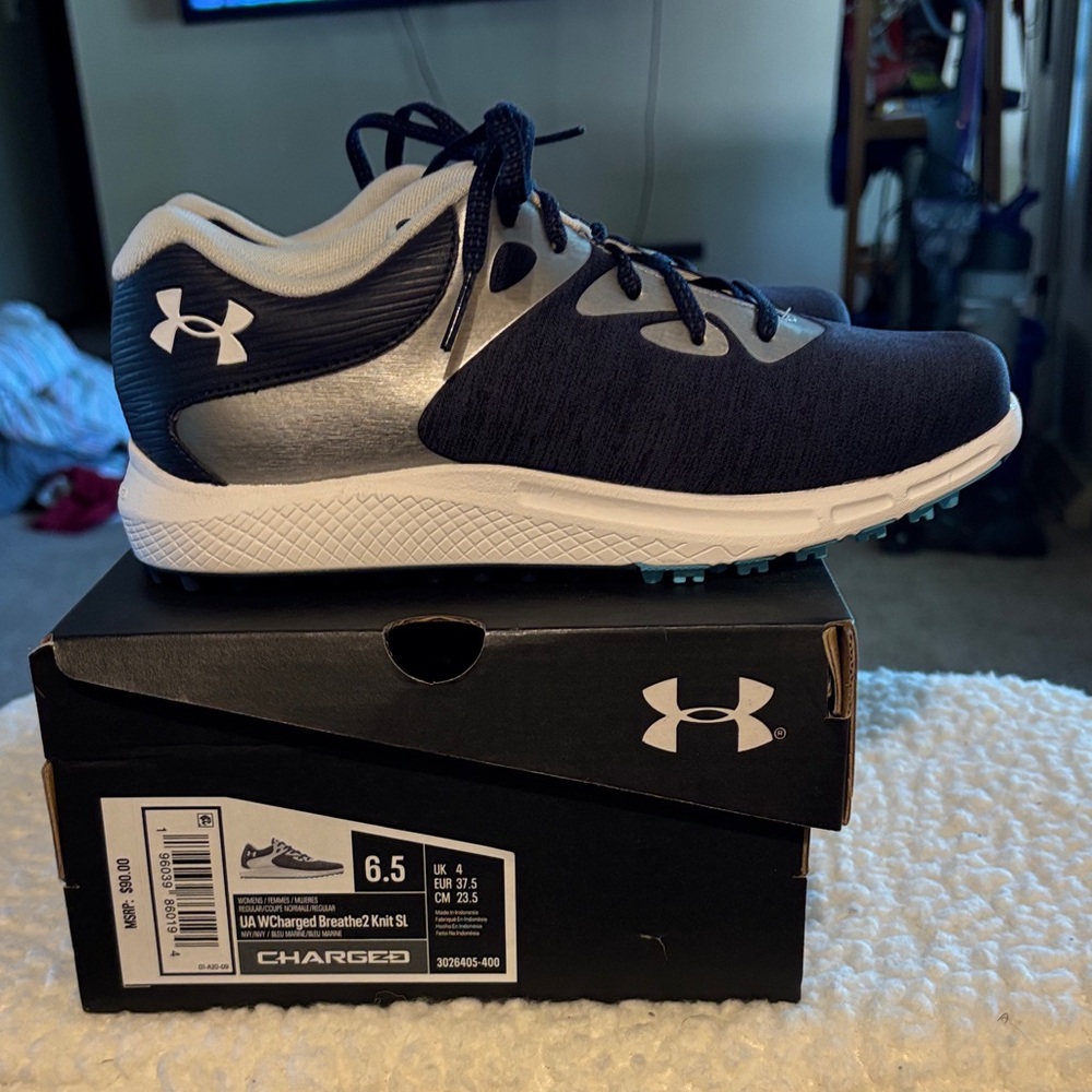 New Under Armour Navy and Silver Womens’ Golf Shoes with Mesh Upper